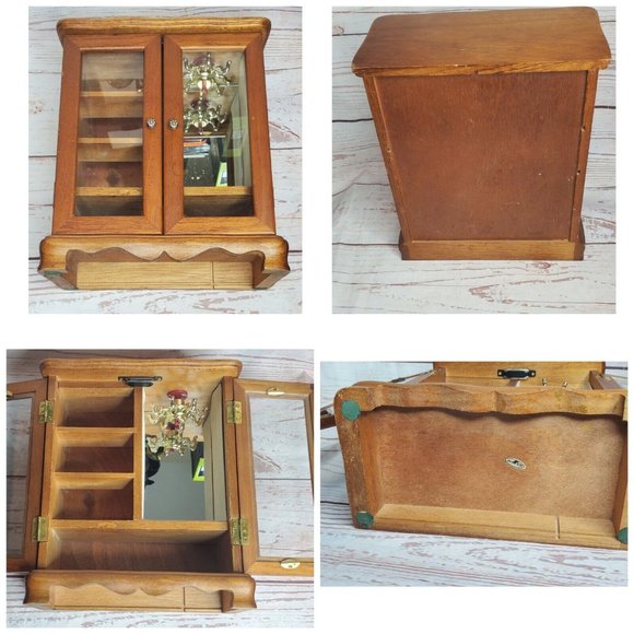 Rare Vintage Wood Jewelry Box Armoire Artistic Design Glass Door Shelves w/Mirro - Picture 1 of 12
